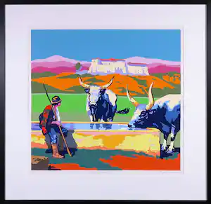 Marco Kooiman - Zeefdruk, Drinking Oxen - Ingelijst verkocht voor € 70!