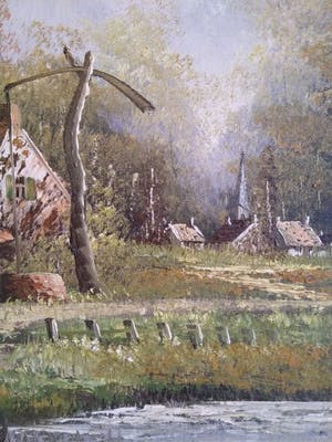 Niet of onleesbaar gesigneerd - Landschap: Dorpje aan het water - Handgesigneerd - 20e eeuw kopen? Bied vanaf 1!