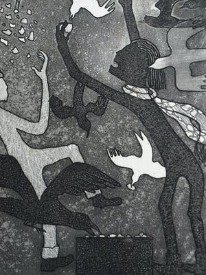 Harry van Kruiningen - Ingelijste ets & aquatint , Kinderen voeren vogels – winter 1979 kopen? Bied vanaf 1!