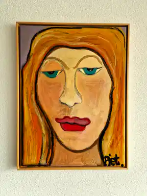 Piet Schopping - Outsider Art - groot acrylverf op doek - dames portret - gesigneerd verkocht voor € 50!