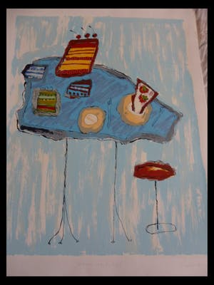 Geke uit de Bosch - Zeefdruk. Titel, "Blauwe taarten tafel". kopen? Bied vanaf 10!