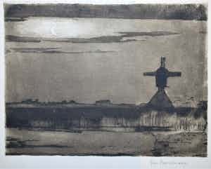 Jan Poortenaar - Avond: Polderlandschap - aquatint - ingelijst verkocht voor € 40!