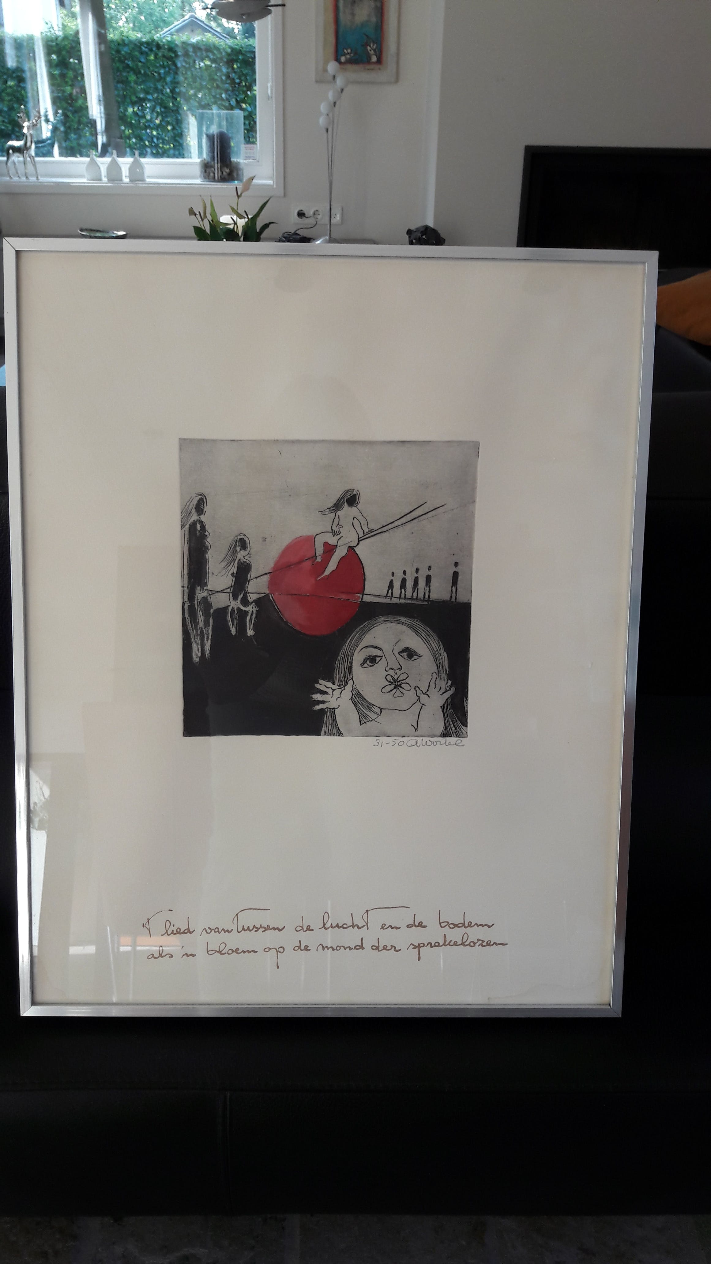 Ans Wortel - Zeefdruk 31-50, pentekening, zwart-grijs met rood. verkocht voor € 85!