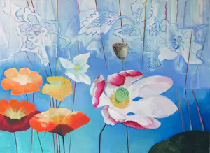 Jan van Delft - Acryl op doek, Abstracte compositie met bloemen (groot) kopen? Bied vanaf 200!