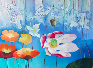 Jan van Delft - Acryl op doek, Abstracte compositie met bloemen (groot) kopen? Bied vanaf 200!