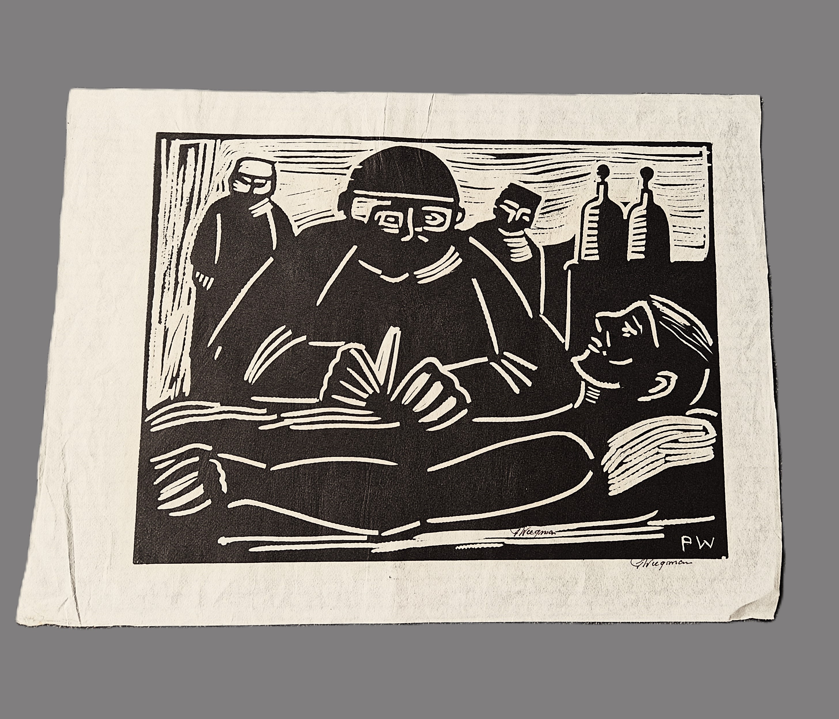 Piet Wiegman (II) - jaren 50 monochrome Houtsnede op rijstpapier "anatomische les" inkt gesigneerd kopen? Bied vanaf 40!
