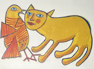 Corneille - metalen sculptuur: kat en vogel kopen? Bied vanaf 450!