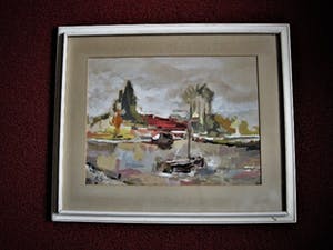Niet of onleesbaar gesigneerd - GROTE impressionistische Gouache "Hollands polderlandschap met boot" monogram RS kopen? Bied vanaf 10!