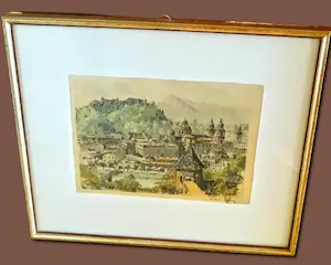Hans Figura - Farbradierung auf Seide "Salzburg" im Rahmen (27 x 30 cm) sehr guter Zustand kopen? Bied vanaf 70!