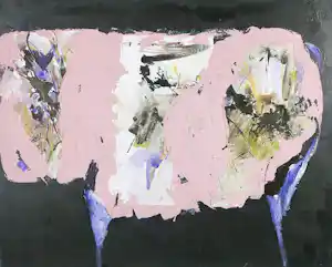 Antonio Poioumen - Gemengde techniek op doek, Abstracte compositie met lichtroze verkocht voor € 150!