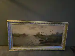 Cornelis Waterman - Water landschap man in boot en opvliegende ganzen kopen? Bied vanaf 90!