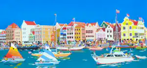 Fred Breebaart - Zomers zicht op kade de van Curaçao. Prachtige kleuren.Naïeve kunst. verkocht voor € 95!