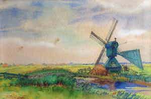 Willem Jansen - C4590-5, Polderlandschap met molen verkocht voor € 150!