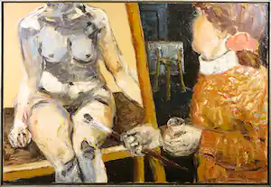 Liz Strick - Olieverf op doek, Painter & nude - Ingelijst (Groot) verkocht voor € 70!