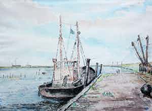 Willem Jans Dijk - Aquarel: Het moderne visserschip verkocht voor € 75!