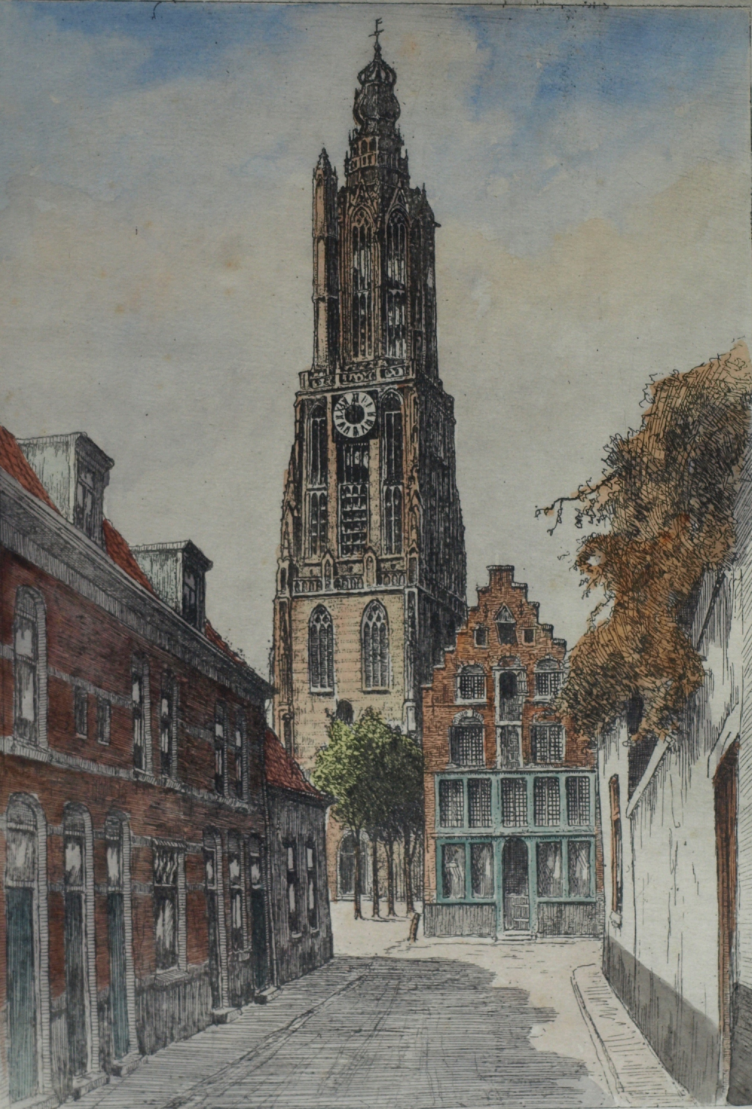 Marius Johannes Janssen - Ets , Onze Lieve Vrouwetoren Amersfoort – Gesigneerd en ingelijst – ca 1935 verkocht voor € 40!