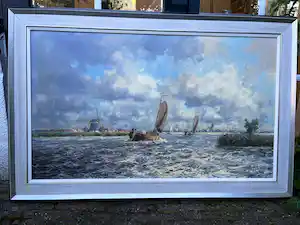 Marius de Jongere - Zeilende boten met molen en stads gezicht verkocht voor € 1100!