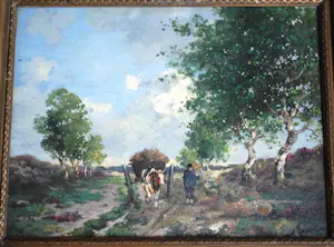 Jozef Gindra - Boer in Brabants landschap (omgeving Bladel) - olieverf in een kapitale lijst kopen? Bied vanaf 295!