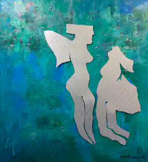 Angelos Tassopoulos - Olieverf op doek, Abstracte compositie met ijzeren figuren - Zeer groot kopen? Bied vanaf 200!