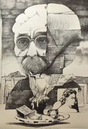 Nicolaas Wijnberg - Surrealistisch zelfportret, litho verkocht voor € 68!