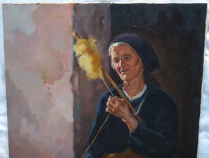 Niet of onleesbaar gesigneerd - Olieverf op doek, “Vecchia che fila” (Spinnende oude vrouw) - Italië kopen? Bied vanaf 1!