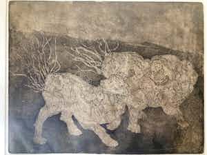 Paula Sluiter - Chinese Leeuwen - Ets/aquatint, Ingelijst verkocht voor € 75!