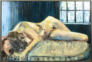 Liz Strick - Olieverf op doek, Woman laying down - Ingelijst verkocht voor € 70!