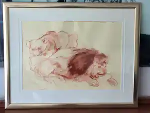 Ru van Rossem - Leeuwenpaar – Sepia krijttekening + gesigneerd boek kopen? Bied vanaf 49!