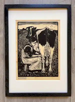 Jan Mankes - Originele Houtsnede Koemelkster 1927 verkocht voor € 160!