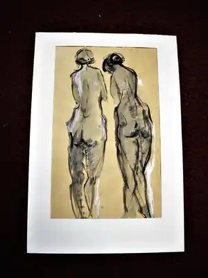 Anton Voorzanger - Fraaie impress. Aquarel 2 dames - staand ruggelings naakt - gesigneerd verkocht voor € 59!