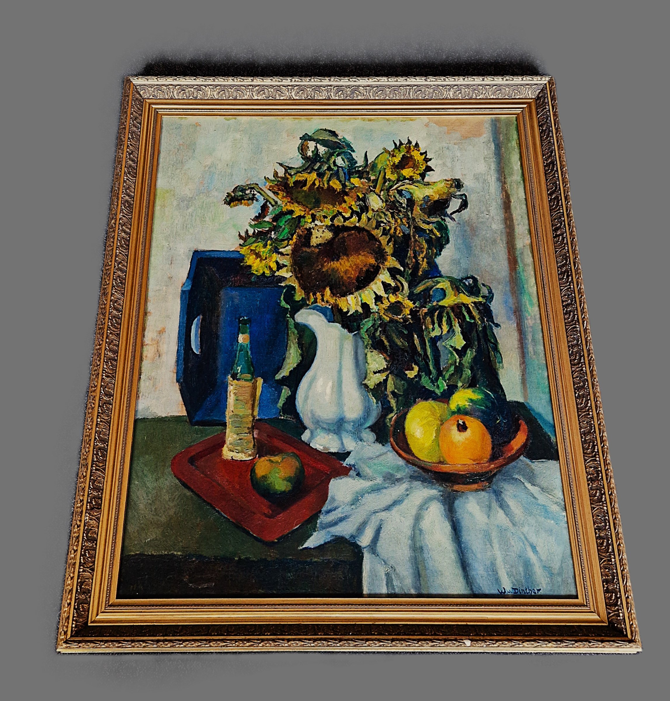 Wil van Dinther - Groot ca. 1940 olieverf "gevarieerd stilleven met zonnebloemen" in orig. lijst kopen? Bied vanaf 146!