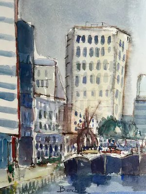 Frans Bianchi - Aquarel op papier | 'Leuvehaven Rotterdam' | 1995 (INGELIJST) kopen? Bied vanaf 450!