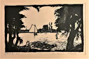 Johan Haak - Bijzondere houtsnede van Johan Haak op papier "zeilschip in landschap" kopen? Bied vanaf 30!