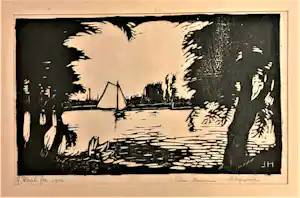 Johan Haak - Bijzondere houtsnede van Johan Haak op papier "zeilschip in landschap" kopen? Bied vanaf 30!