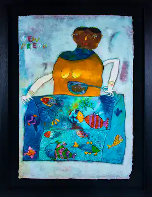 Shahid Parvez - Zeefdruk op geschept papier, New friends - ingelijst verkocht voor € 170!