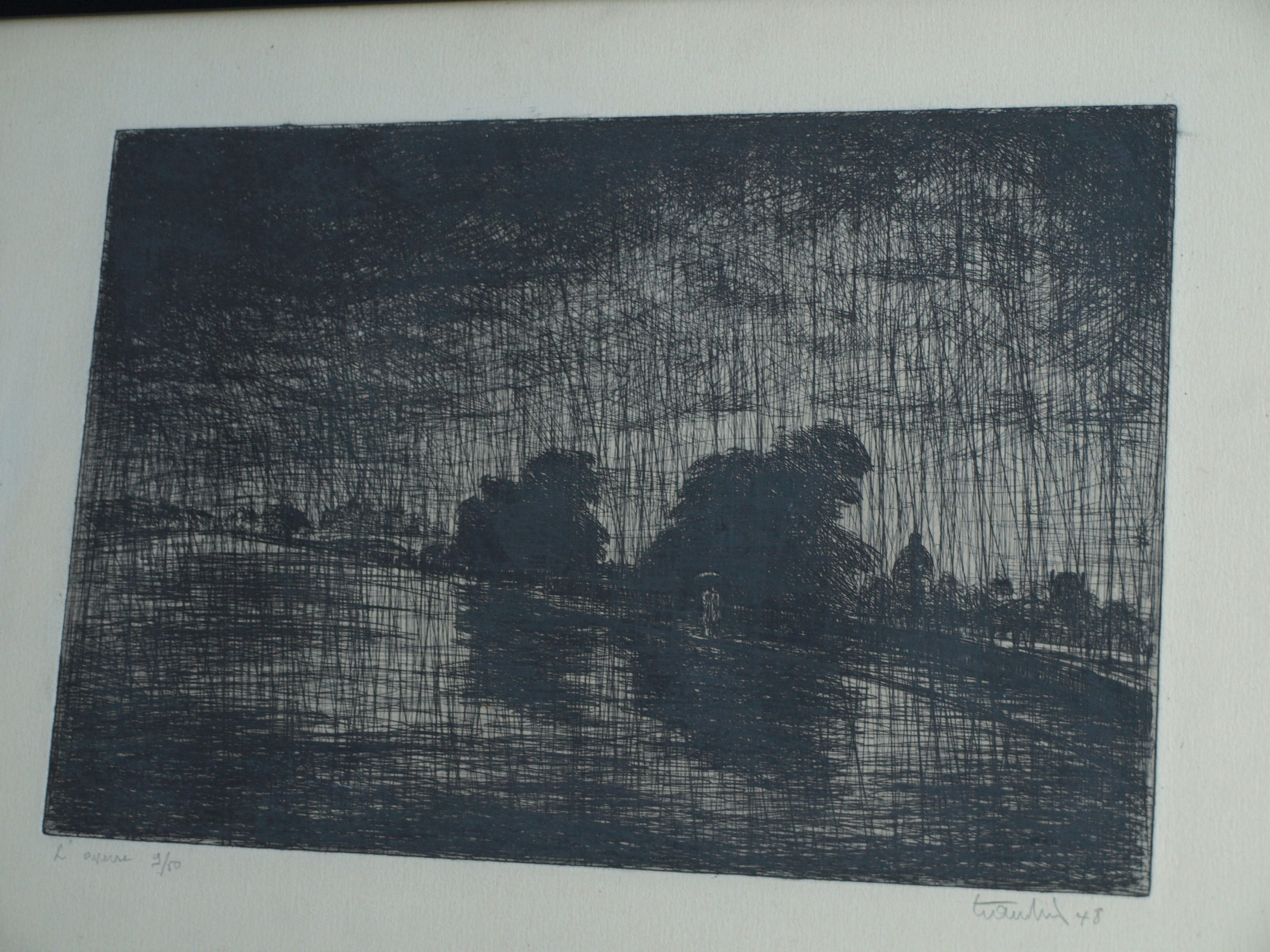 Niet of onleesbaar gesigneerd - Gesigneerde ets – Landschap in de regen – ingelijst – 1948 kopen? Bied vanaf 1!