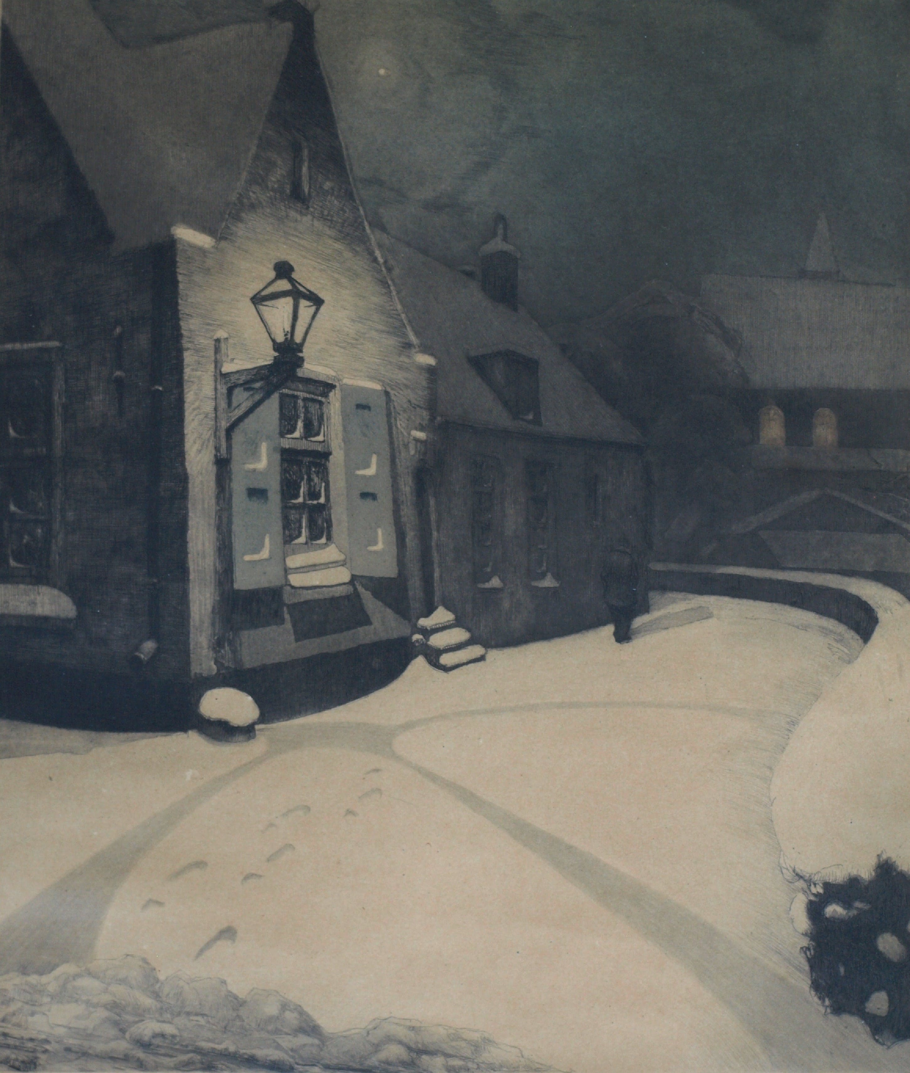 Hendrik Henrichs - Ets, Dorpsgezicht op winteravond – gesigneerd & ingelijst – ca 1930 verkocht voor € 35!