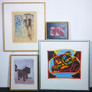 Marijke van Os - en andere, Lot van vier werken - Ingelijst verkocht voor € 45!