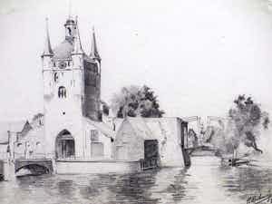 Johan Christiaan Kerkmeijer - Havenpoort in Zierikzee - Tekening verkocht voor € 40!