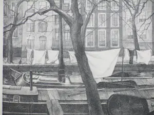 Aart van Dobbenburgh - Wasgoed op Amsterdamse schuiten - Litho kopen? Bied vanaf 35!