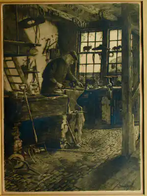 Jozef van Raay - Ingelijste ets , Hoefsmid in werkplaats – ca. 1935 verkocht voor € 50!
