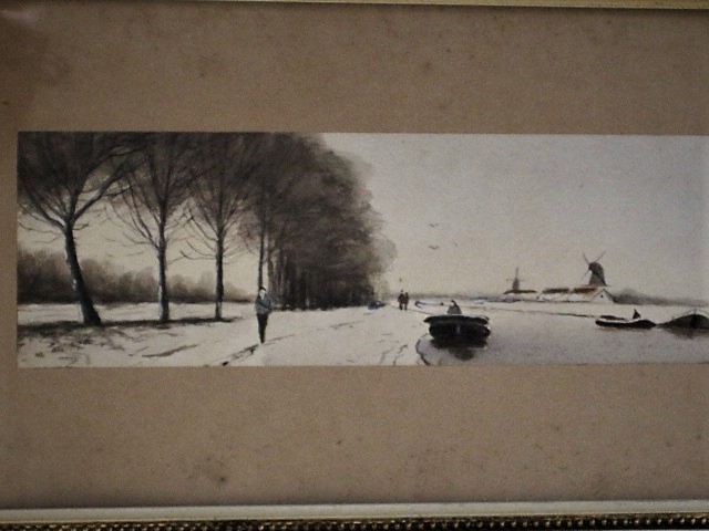 Niet of onleesbaar gesigneerd - Sfeervol Aquarel "Wandelaar in Hollands winterlandschap"  kopen? Bied vanaf 1!