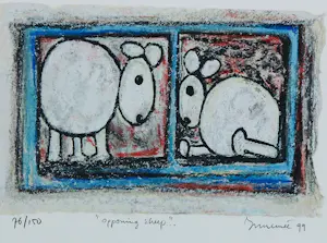Hans Innemee - Zeefdruk op geschept papier, Opponing Sheep - Ingelijst kopen? Bied vanaf 60!