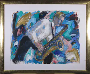 Annemarie de Groot - Acryl op papier, Saxofoon speler - Ingelijst kopen? Bied vanaf 60!