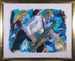 Annemarie de Groot - Acryl op papier, Saxofoon speler - Ingelijst kopen? Bied vanaf 60!