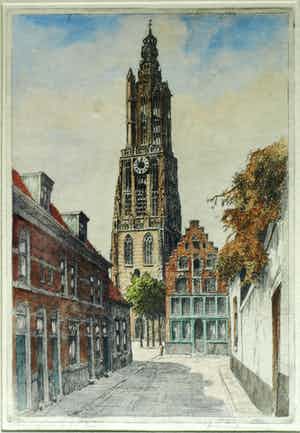 Marius Johannes Janssen - Ingelijste en ingekleurde ets , Onze Lieve Vrouwetoren Amersfoort – ca 1935 verkocht voor € 35!