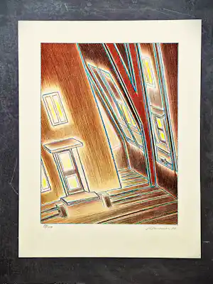 Jeroen Henneman - Groot in 1988 gemaakt kleuren litho "Het atelier in de Vossiusstraat" verkocht voor € 135!