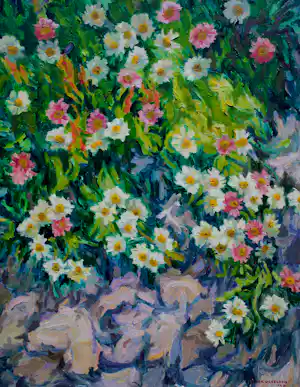 Ad Blok van der Velden - Olieverf op doek: Bloemen in het zand - 1978 (Texel) verkocht voor € 540!