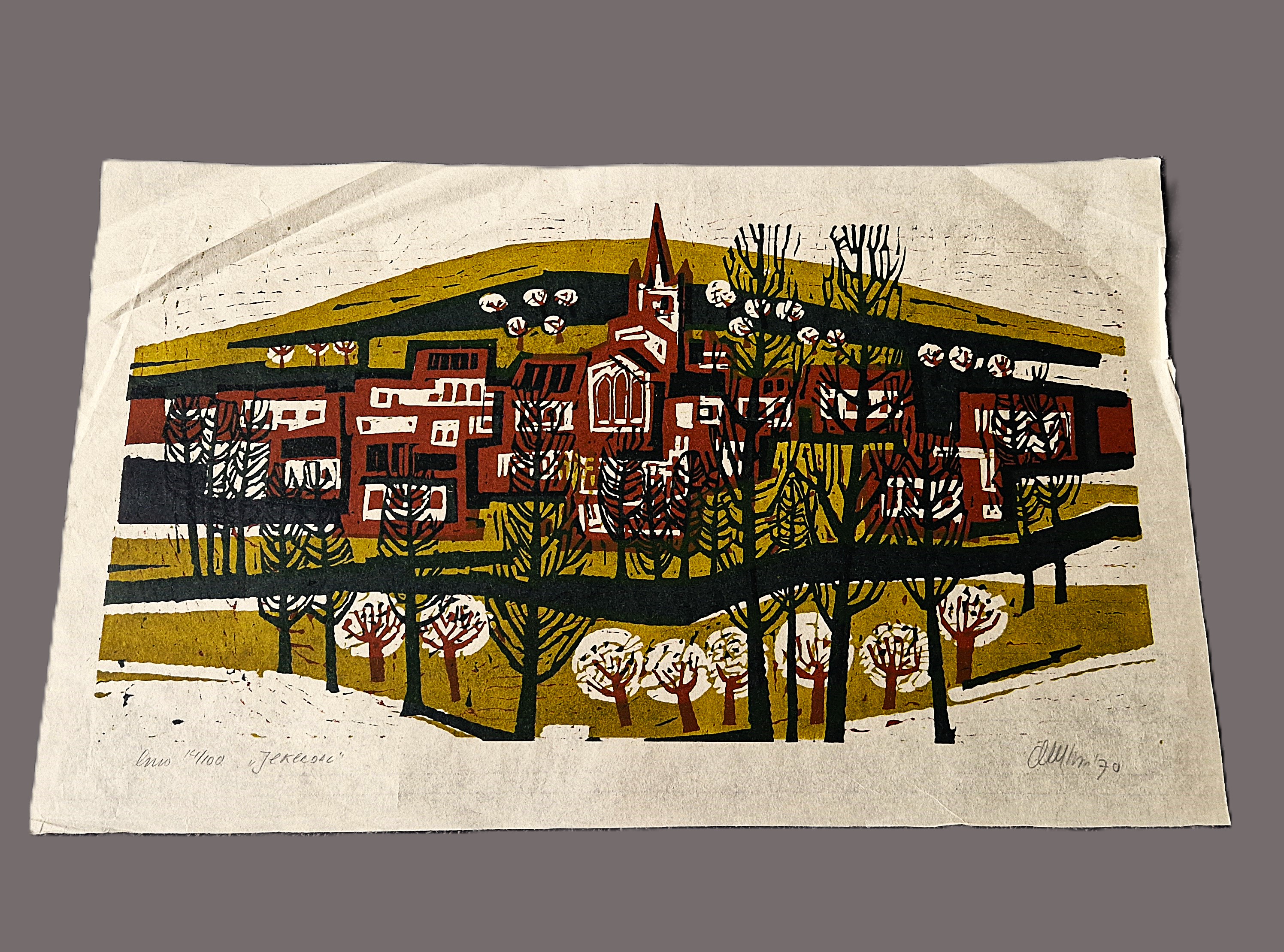 Akke Sins - grote 1970 kleuren linosnede "Jekerdal" oplage (100) - potloodgesigneerd kopen? Bied vanaf 72!
