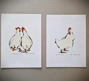 Ellen Meuwese - 2 leuke polychrome zeefdrukken "kippen" - kleine oplage (60) - potloodgesigneerd kopen? Bied vanaf 32!